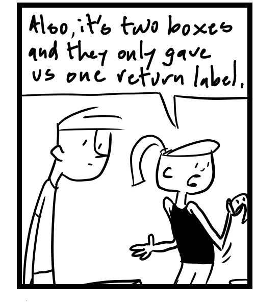 A four-panel comic about people trying to pack up a couch for return - Panel 3