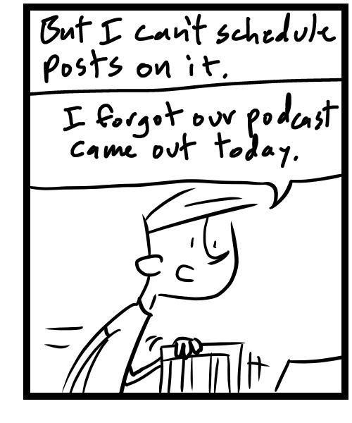 A four-panel comic about a person rushing to update his website - Panel 3