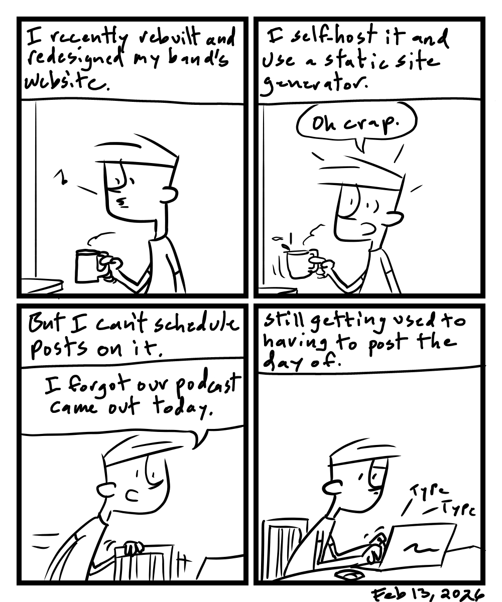 A four-panel comic about a person rushing to update his website