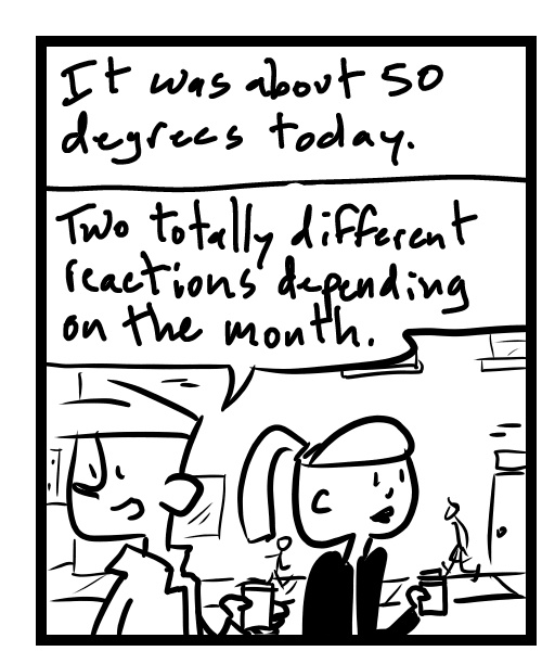A four-panel comic about people walking down the street in 50 degree weather - Panel 1
