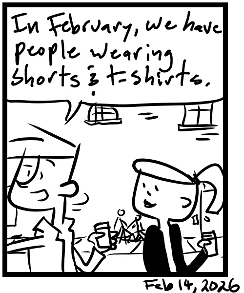 A four-panel comic about people walking down the street in 50 degree weather - Panel 4