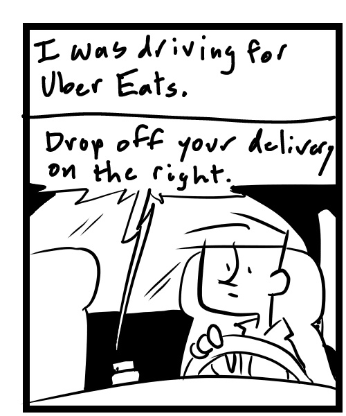 A four-panel comic about a person having a problem delivering an Uber Eats order - Panel 1