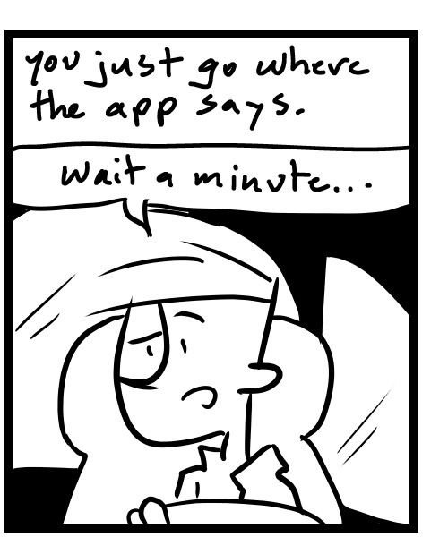 A four-panel comic about a person having a problem delivering an Uber Eats order - Panel 2