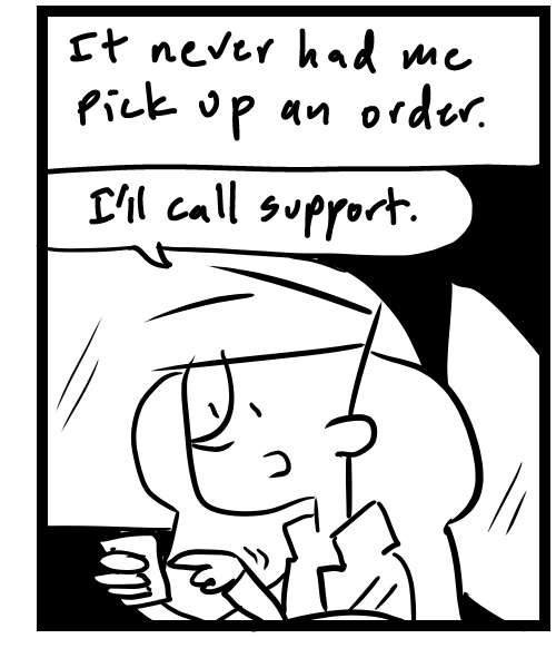 A four-panel comic about a person having a problem delivering an Uber Eats order - Panel 3