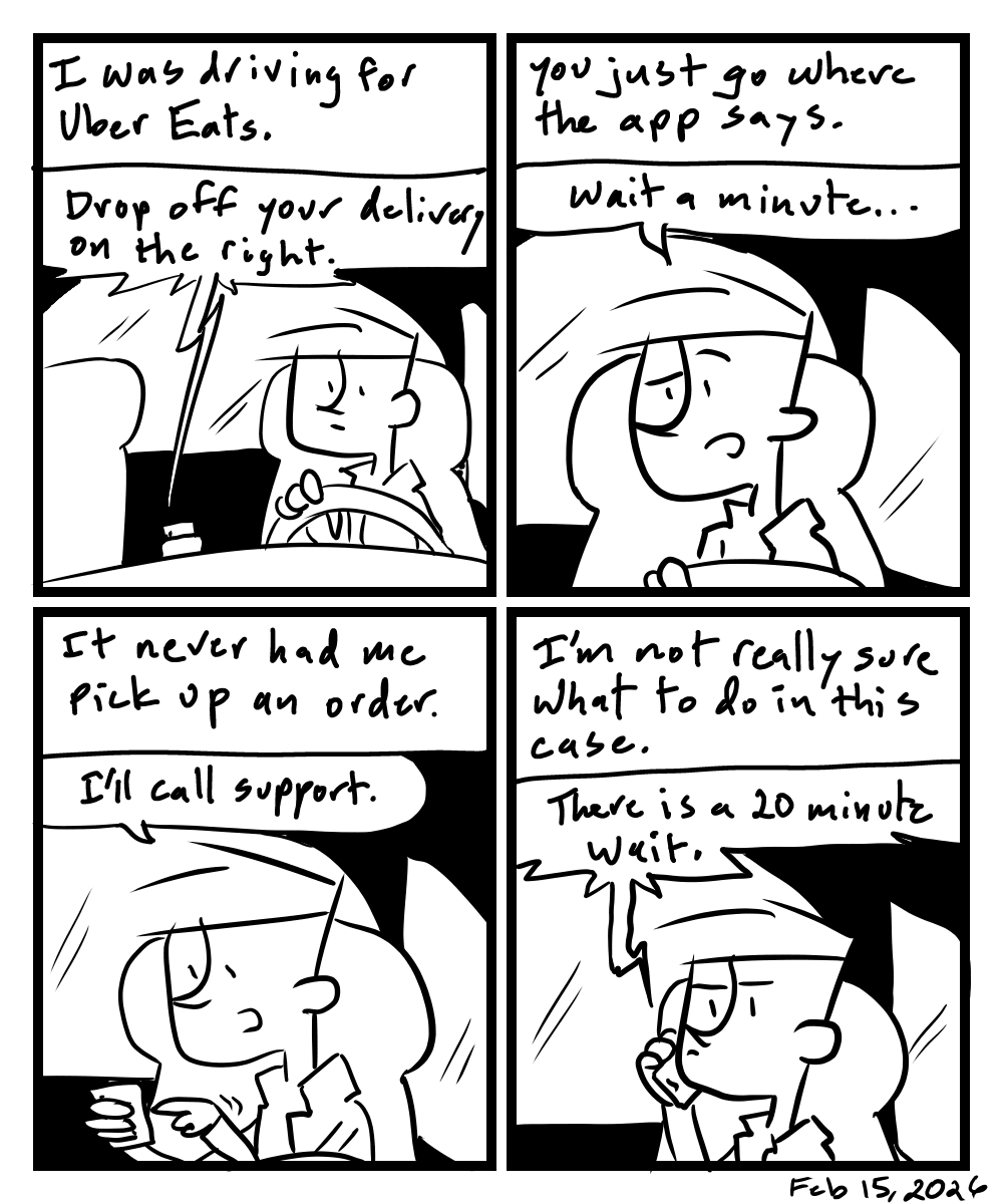 A four-panel comic about a person having a problem delivering an Uber Eats order