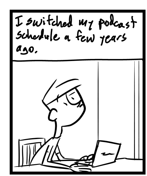 A four-panel comic about a person sending emails to people for podcast interviews - Panel 1