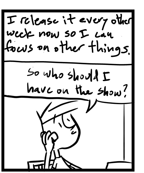 A four-panel comic about a person sending emails to people for podcast interviews - Panel 2