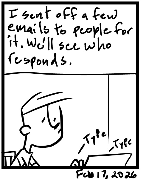 A four-panel comic about a person sending emails to people for podcast interviews - Panel 4