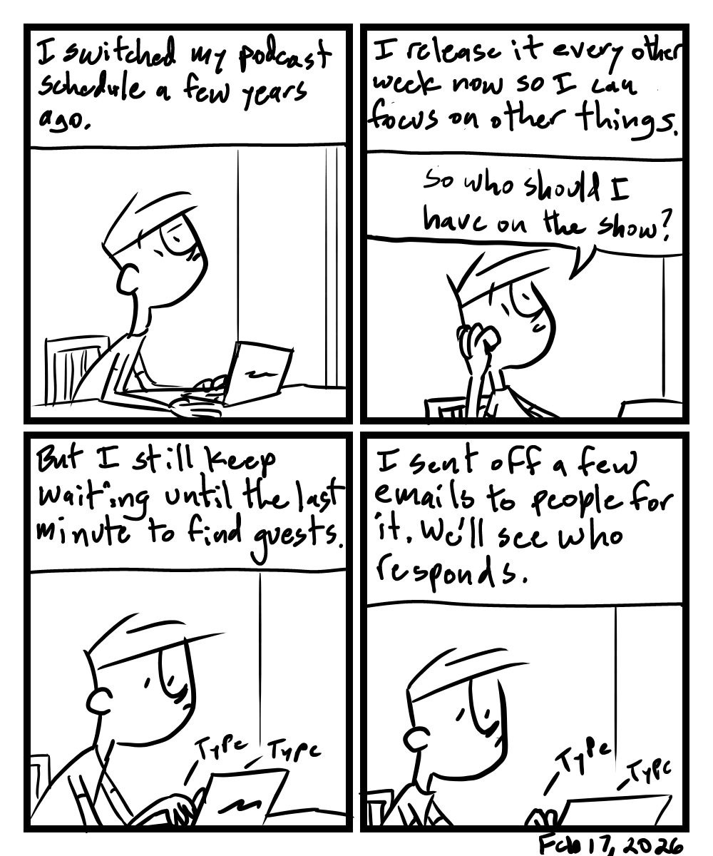 A four-panel comic about a person sending emails to people for podcast interviews