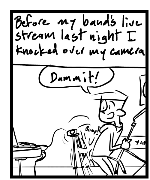A four-panel comic about a person knocking over a camera that disconnects audio cable for stream - Panel 1