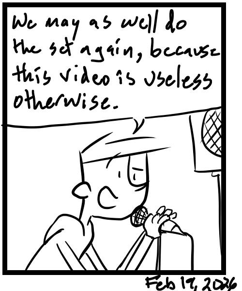 A four-panel comic about a person knocking over a camera that disconnects audio cable for stream - Panel 4