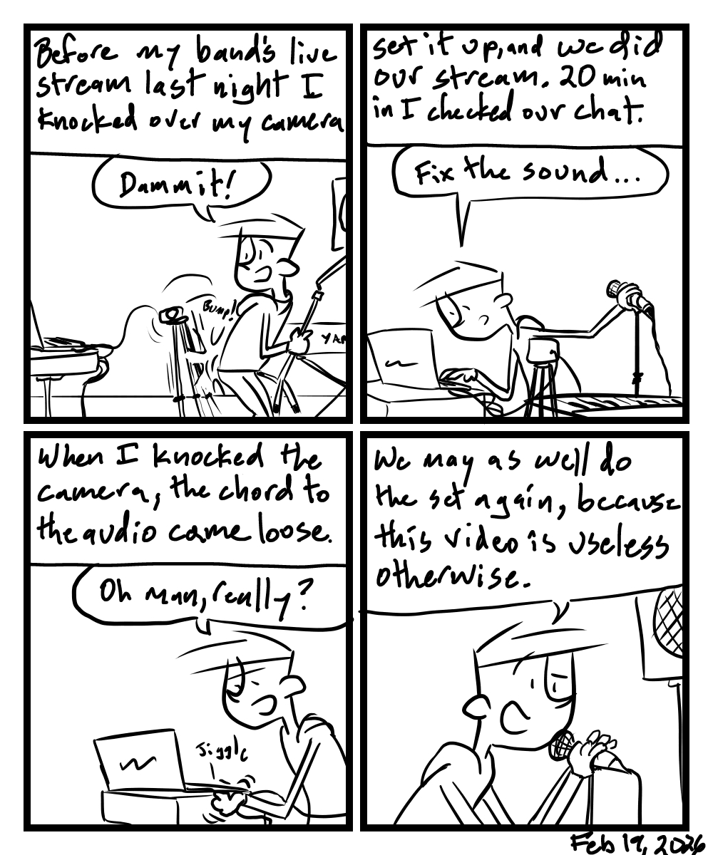 A four-panel comic about a person knocking over a camera that disconnects audio cable for stream