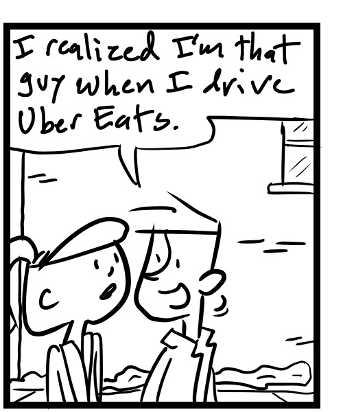 A four-panel comic about people walking down the street talking about phones over car speakers - Panel 2