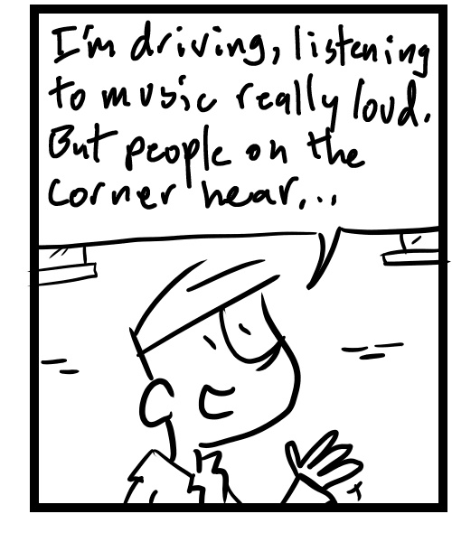 A four-panel comic about people walking down the street talking about phones over car speakers - Panel 3