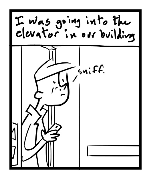 A four-panel comic about a person smelling an odor in the elevator - Panel 1