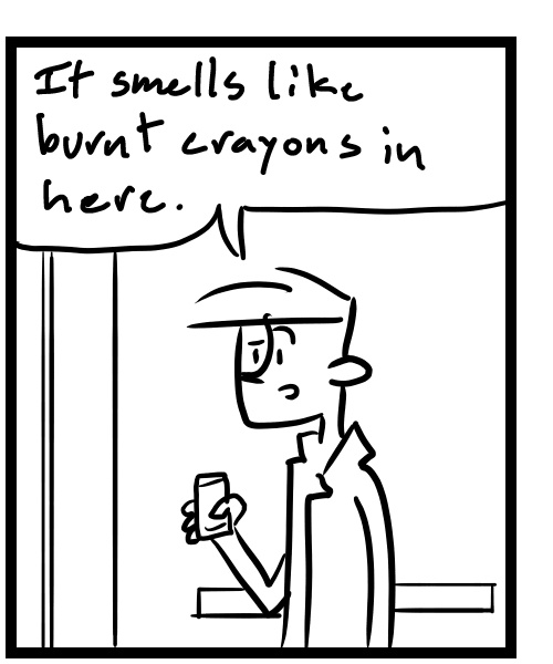 A four-panel comic about a person smelling an odor in the elevator - Panel 2