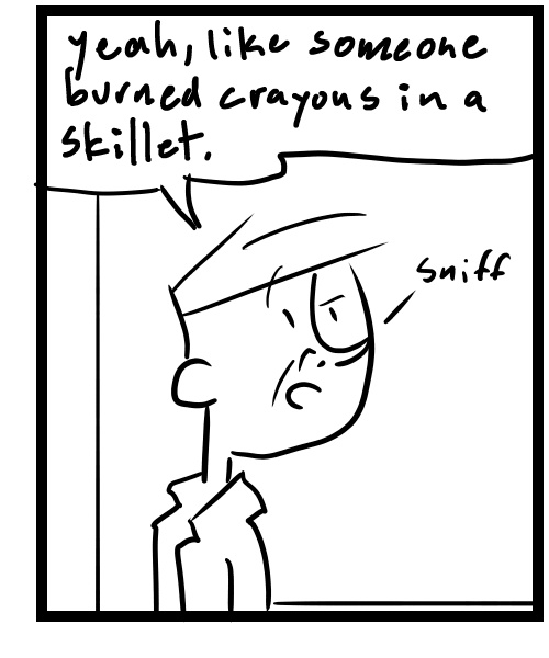 A four-panel comic about a person smelling an odor in the elevator - Panel 3