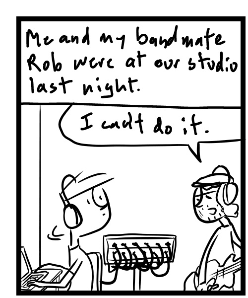 A four-panel comic about people trying to record instruments and fixing a sound card - Panel 1
