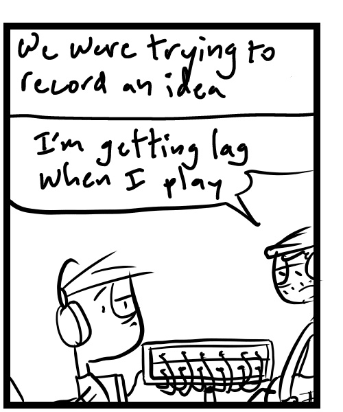 A four-panel comic about people trying to record instruments and fixing a sound card - Panel 2