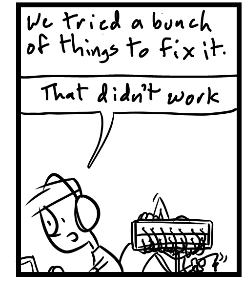 A four-panel comic about people trying to record instruments and fixing a sound card - Panel 3