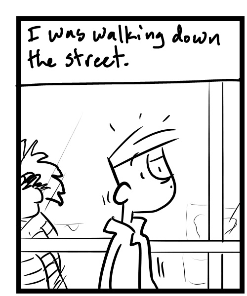 A four-panel comic about a person looking at a someone dressed as Beetlejuice at a dancing game - Panel 1