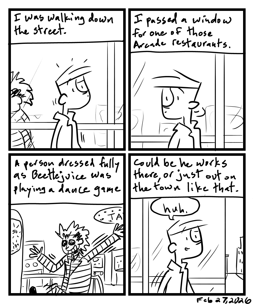 A four-panel comic about a person looking at a someone dressed as Beetlejuice at a dancing game