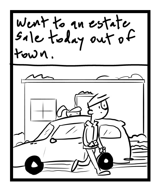 A four-panel comic about people checking out a house having an estate sale - Panel 1