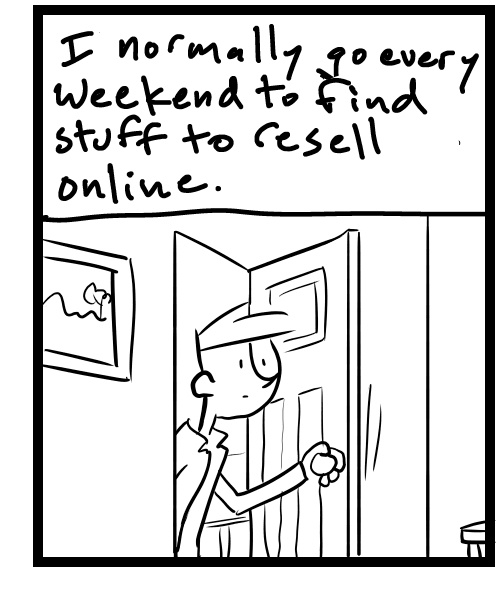 A four-panel comic about people checking out a house having an estate sale - Panel 3