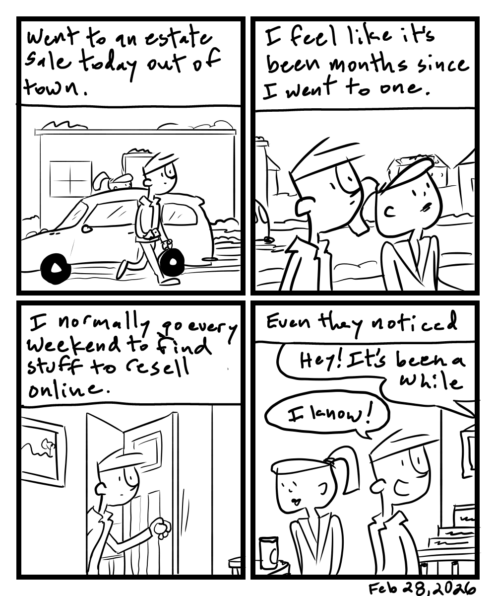 A four-panel comic about people checking out a house having an estate sale