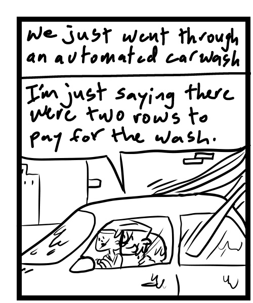 A four-panel comic about people leaving an automated car wash - Panel 1