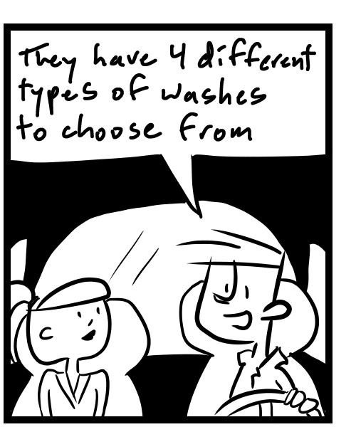 A four-panel comic about people leaving an automated car wash - Panel 2