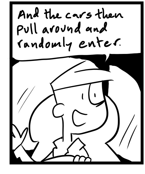 A four-panel comic about people leaving an automated car wash - Panel 3