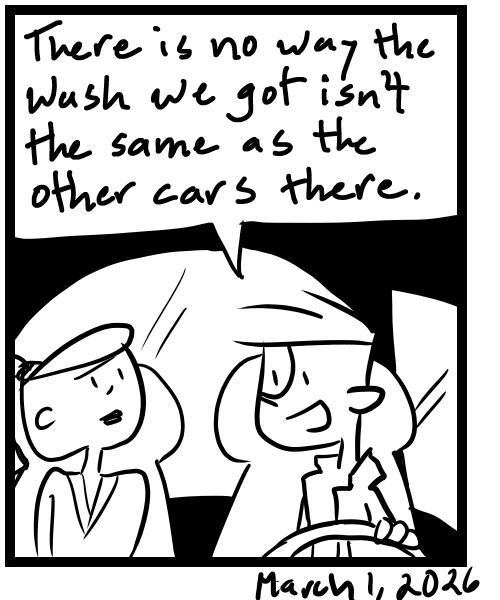 A four-panel comic about people leaving an automated car wash - Panel 4