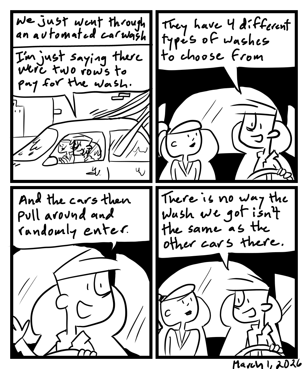 A four-panel comic about people leaving an automated car wash