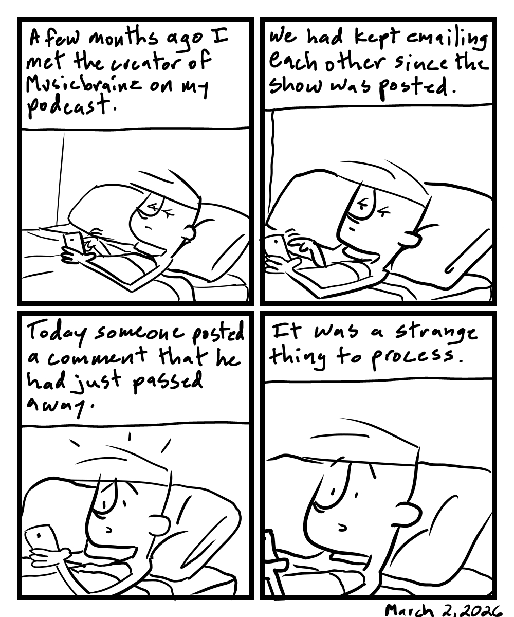 A four-panel comic about a person getting news while looking at his phone