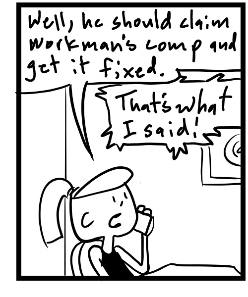 A four-panel comic about people talking on the phone about workers comp - Panel 3