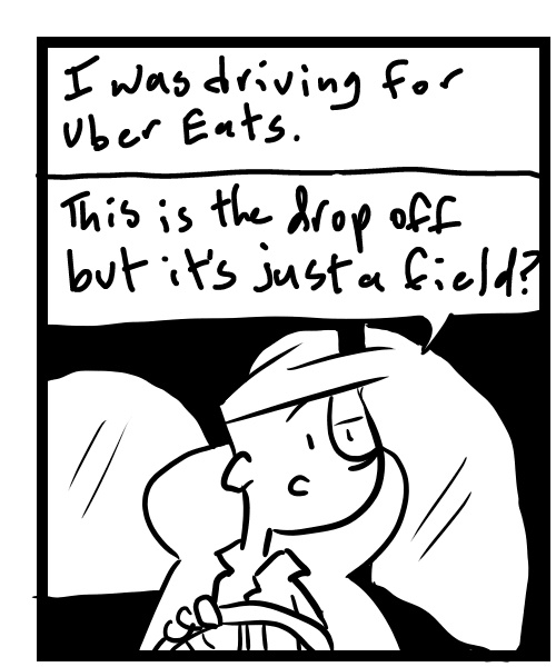 A four-panel comic about a person trying to contact an uber eats orderer - Panel 1