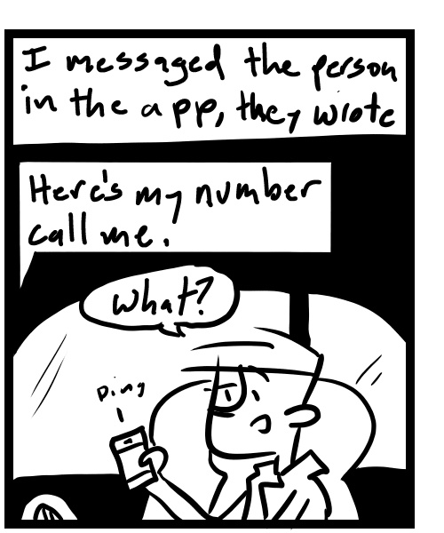 A four-panel comic about a person trying to contact an uber eats orderer - Panel 2