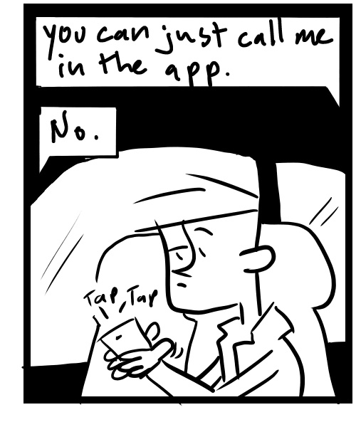 A four-panel comic about a person trying to contact an uber eats orderer - Panel 3