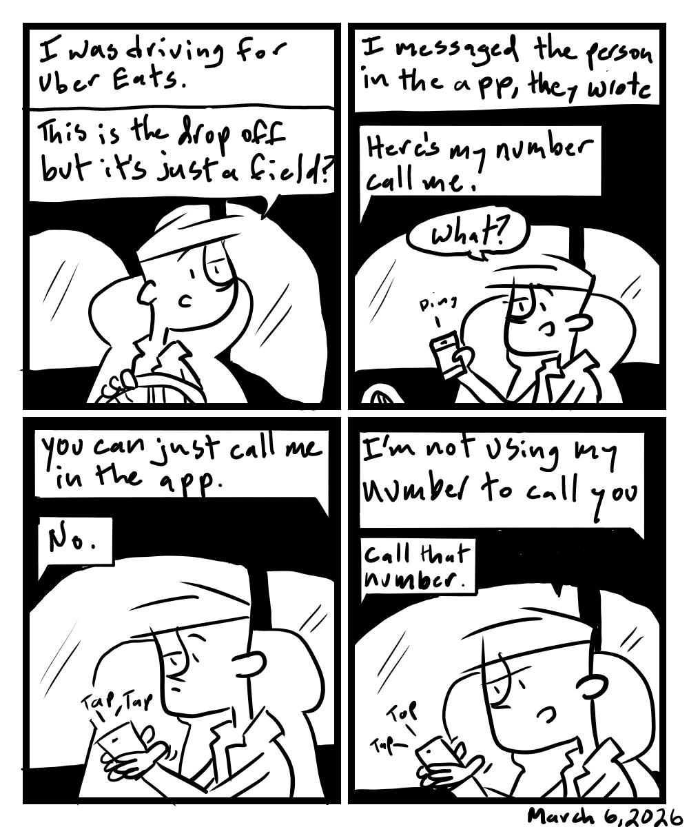 A four-panel comic about a person trying to contact an uber eats orderer