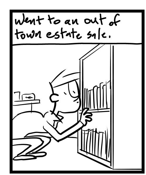 A four-panel comic about people looking for vintage items and seeing a blacklight room - Panel 1