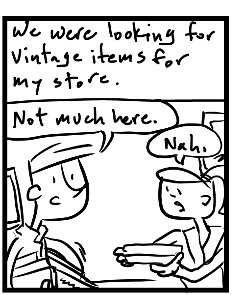 A four-panel comic about people looking for vintage items and seeing a blacklight room - Panel 2