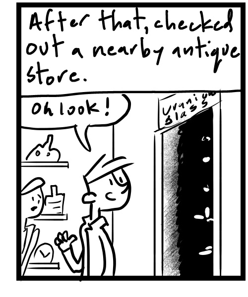 A four-panel comic about people looking for vintage items and seeing a blacklight room - Panel 3