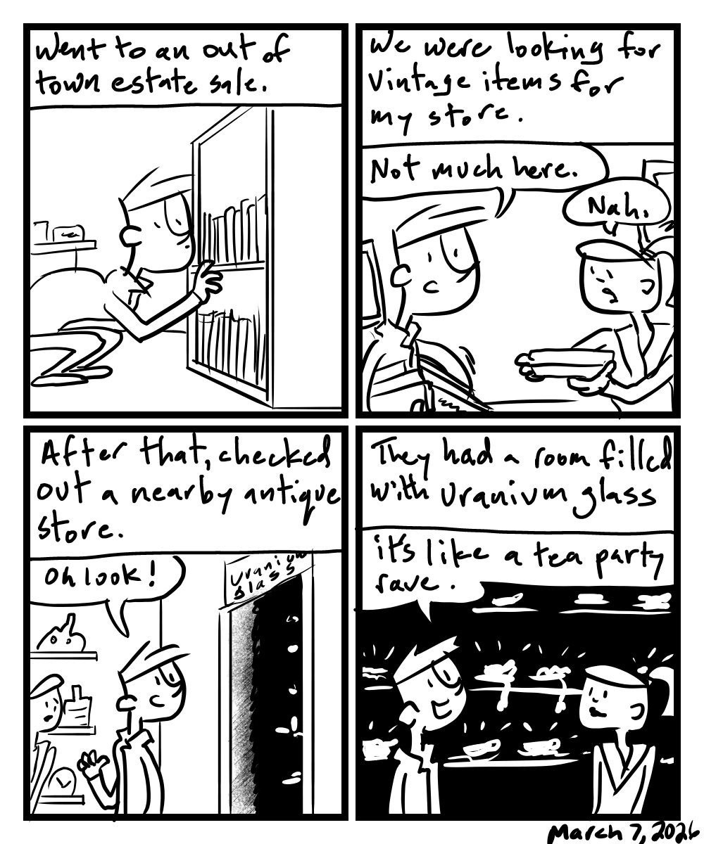 A four-panel comic about people looking for vintage items and seeing a blacklight room
