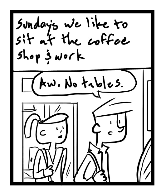 A four-panel comic about people looking for an empty table at coffee shops - Panel 1