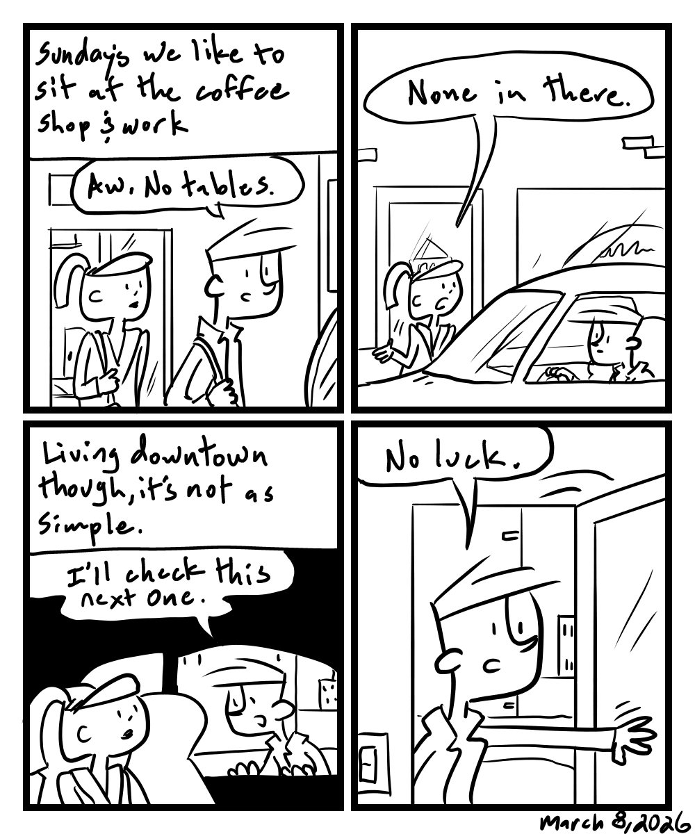 A four-panel comic about people looking for an empty table at coffee shops
