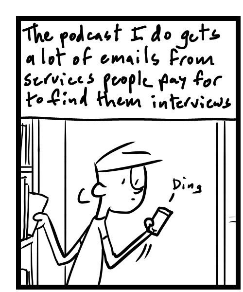 A four-panel comic about a person reading an email on his phone - Panel 1