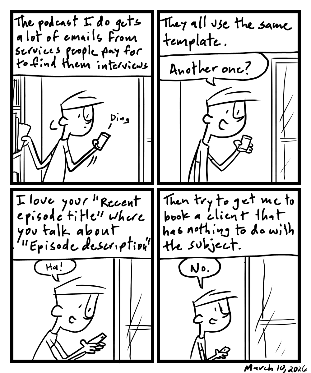 A four-panel comic about a person reading an email on his phone