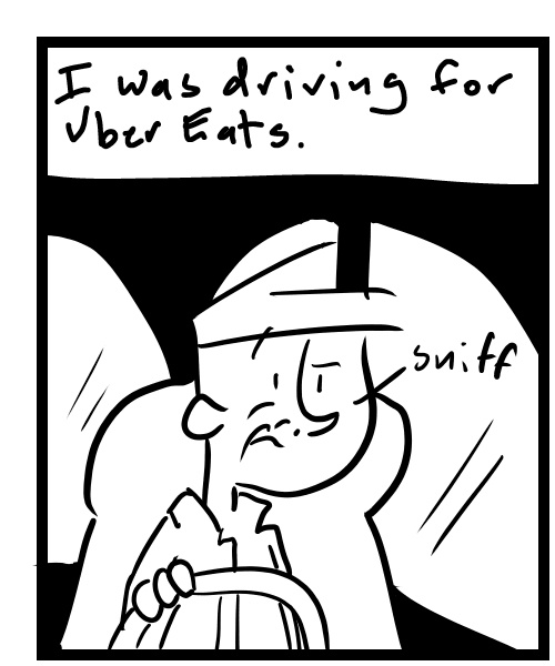 A four-panel comic about a person delivering food that smells like a diaper - Panel 1