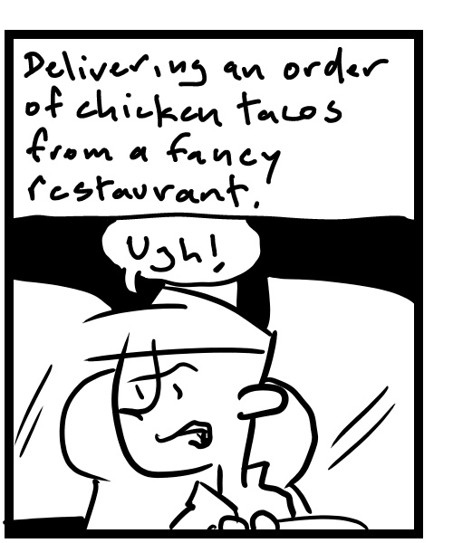 A four-panel comic about a person delivering food that smells like a diaper - Panel 2